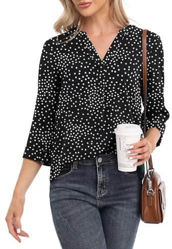 Anelune Womens Tops Casual Chiffon Blouses Tops 3/4 Sleeve V Neck Tunic Top Loose Shirt Black Dot XL