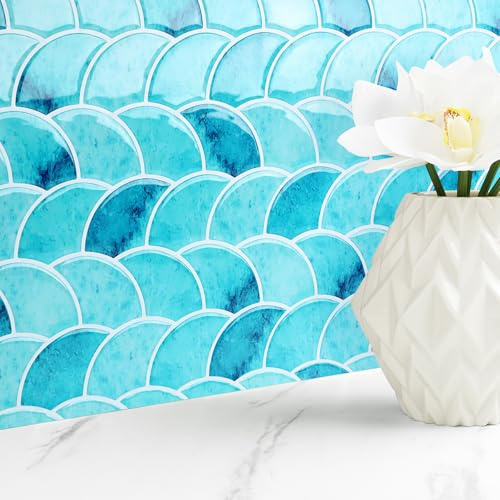 Livelynine Azulejos Adhesivos Cocina Azul 3D Baldosas Adhesivas Pared Baño 30x30CM Azulejos Adhesivos Baño Azul Claro Impermeable Losetas Vinilo para Paredes de Cocina 16-Losetas Vinilos