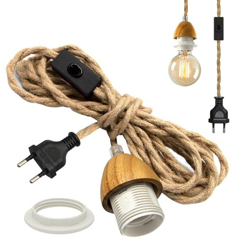 Vintage Hängelampe mit Stecker, 510cm Industrielle Pendelleuchte Kit mit Schalter, Hölzerne Lampenfassung E27 mit Kabel, Retro Hanfseil Pendellampe Kit, Lampenschirm Kann Montiert Werden,für Loft