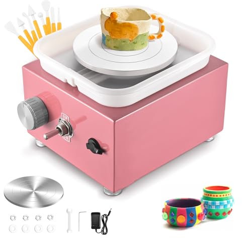 Mini Pottery Wheel, Couleeur 2000RPM & 10/6.5cm Turntable Electric Pottery Wheel, Adjustable Speed Pottery Wheel Kids with Shaping Tools for Children & Begainner DIY Shops, Pottery Teaching(Pink)