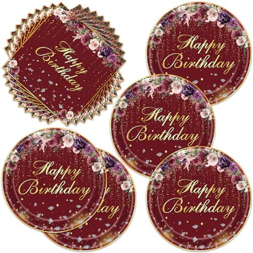 40PCS Red Birthday Decorations Burgundy Birthday Decorations Plates and Napkins For Women Floral Birthday Decorations