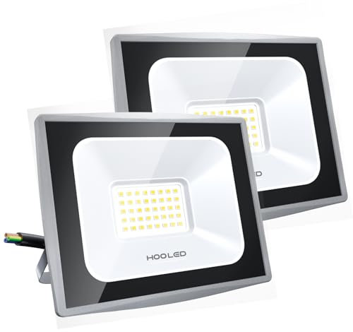 HOOLED Focos LED Exterior 50W, 5000ml, 6500K, haz de 120°, Foco Proyector LED IP65 impermeables, Blanco Frío Floodlight, Iluminación exterior para techo, jardín, patio, puerta, garaje (50W-2PC)