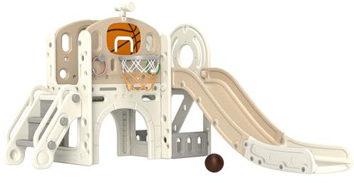 AIYAPLAY Toboggan pour Enfants, 7 en 1, Toboggan pour Jeunes Enfants avec Panier de Basket, Structure d'escalade, télescopique, Tunnel, Couloir à Plate-Forme, Panier de Rangement, Aire de Jeux pour