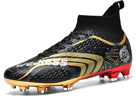 BLBK Herren Fußballschuhe Professionelle Turf Trainer High Top Fussballschuhe Junge Outdoor Training Fußballschuhe, Obsidian Schwarz Gold 46EU