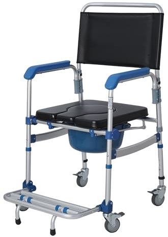 uyoyous toilettenstuhl für senioren, Duschstuhl mit Rollen bis 150KG, Toilettenrollstuhl mit 4 Feststellbaren Rollen, Verstellbarer Nachtstuhl mit Armlehnen für Senioren 56×52×106cm