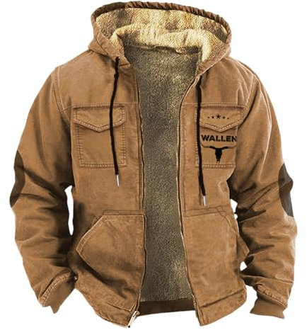Generisch Giacca invernale da uomo imbottita calda da cowboy | Vintage da uomo con chiusura a strappo Giacca con cappuccio con stampa | tinta unita con cappuccio Cappotto invernale con tasche in pile,