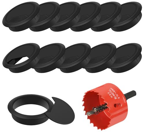 Flintronic 12 Stück Kabeldurchführung Schreibtisch, 60mm Kabeldurchlass mit 1 Lochsäge 60mm, Kabeldurchlass Kabelauslassdose, Schreibtisch Kabellochabdeckungen, für Tisch Büro Schreibtische, Schwarz