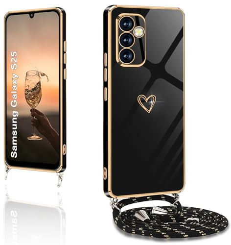 Handykette für Samsung Galaxy S25 Hülle mit Band,Handyhülle S25 5G Samsung mit Kette Love Design Galvanik Silikon Stoßfest Schutzhülle mit Kordel Samsung S25 zum Umhängen Kameraschutz, Schwarz