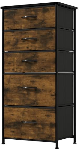 YITAHOME Kommode,Kommode mit 5 Schubladen,Schrank,Stoffschubladen mit Griffen,mit Stabiler Stahlrahmen,Dauerhaft,Rustikal Braun