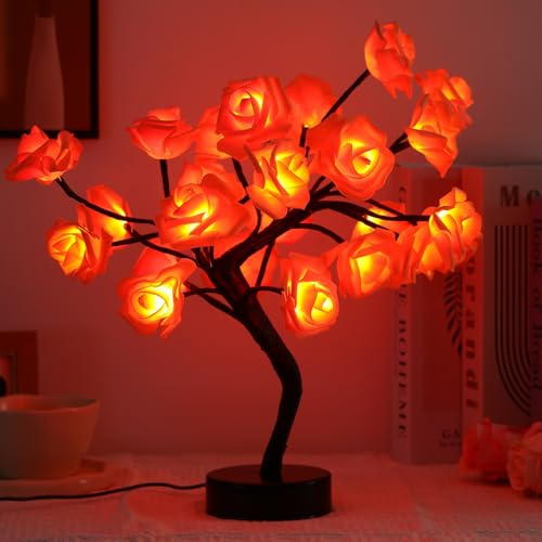 Drawelry Rose Tree Lamp, LED Rose Tree Table Lamp USB Powered Artificial Bonsai Flower Night Light for Bedroom Living Room Party Decor (Orange)