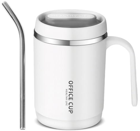 Kytpyi Tasse a Cafe, Gobelet Isotherme avec Paille, 400ml Anti-brûlure Mug Isotherme Acier Inoxydable à Double Paroi avec Couvercle pour Maison Lécole Bureau (Blanc)
