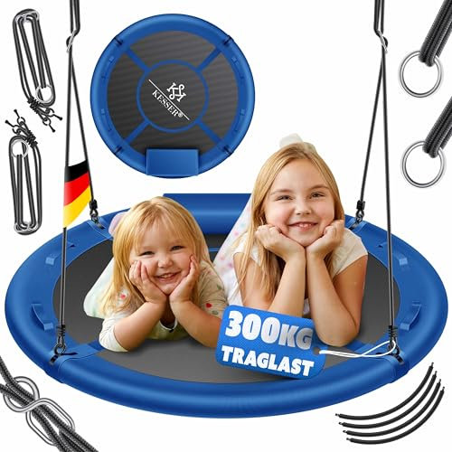 KESSER® Columpio nido, columpio redondo, diámetro de 100 cm, soporta hasta 300 kg, con cojín y 4 asas, ajustable, para interior y exterior, para niños y adultos, color azul