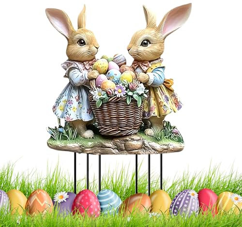 CHIHOLEN Osterdeko Outdoor, Gartenstecker Ostern, Frühlingsdeko Draußen, Osterhasen Figuren Vintage Garten Stecker Deko, 2D Acryl Ostern Deko für Draußen Drinnen Garten(C)