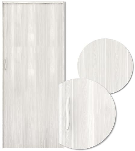 Portango Falttür Weiss Holzoptik aus PVC Kunststoff für Innen & Außen Komplettset I faltbare Schiebetür kratzfest und pflegeleicht mit Holz Motiv I anpassbare Breite der Falttüren I Modell PT-4 Twist