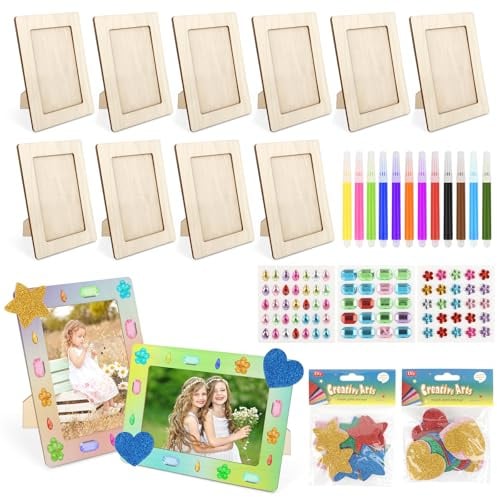 TOSAVGA Bilderrahmen Set, 10 Stück Bilderrahmen Holz, 20x15cm holzbilderrahmen/DIY Bastelsets für Kinder, holzbilderrahmen zum Bemalen mit Glitzersteine & Sticker für Kinder, Kindergeburtstag Basteln