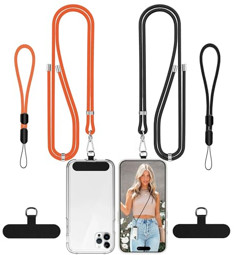 COCASES Handyband Univeral, 2 Stück Verstellbar Handyband und 2er Handyschlaufen zum umhängen Halsband Umhängenband kompatibel mit alle smartphones-2 Stück Handy Lanyard Pads Schwarz/Orange