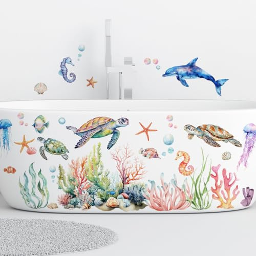 OIXEYA Meerestiere Wandaufkleber, Fliesenaufkleber Bad, Meerestiere Wandtattoo Kinderzimmer Jungen und Mädchen, Schlafzimmer Babyzimmer Deko, Unterwasserwelt Wandsticker Dekoration