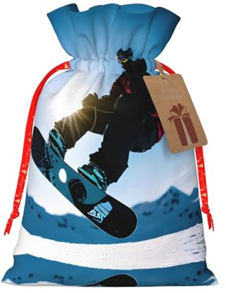 M Wiederverwendbare Weihnachtstasche – Snowboard-Bild-Druck mit Kordelzug, Geschenkbeutel für Feiertage, Geburtstage und Hochzeiten