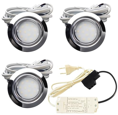 Lampen-Platz 3er Set LED Möbeleinbauleuchte Leni 12V 2,2W 4000K Neutralweiß Chrom | IP44 | Für Küche, Bad & Wohnbereich | Plug-and-Play Trafo mit Stecker | Ø54-60mm | Flach, nicht dimmbar