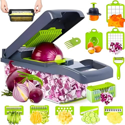 16 in 1 Vegetable Chopper,Vegetable Cutter Mandoline,Veg Chopper and Dicer with 1.2L Container & Draining Basket, Kitchen Multifunctional Mandoline Vegetable Slicer for Veggies,Onion,Garlic,Potatoes
