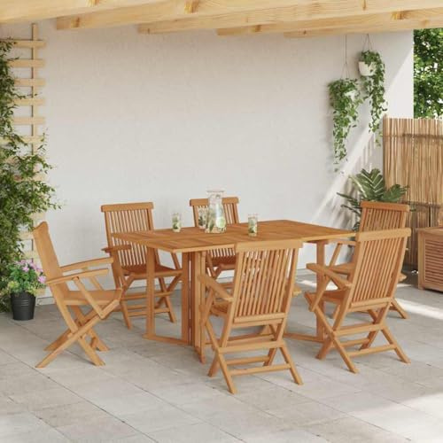 Bucmath Garten Essgruppe 7-teilig, Braun Massivholz Teak, 150x90x75 cm, rechteckiger Esstisch mit 6 Stühlen, wetterfest für Terrasse, Balkon
