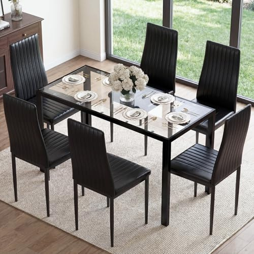 Gyfimoie 7-Piece Black Dining Table Set, Glass Kitchen Table and 6 PU Leather Chairs, Compact Dining Room Set for Small Space, Modern Dining Room Sets for Home, Kitchen(120 * 75 * 60CM)