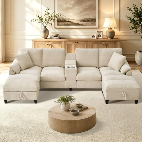 Scisola Modulare Sofa 4-Sitzer, 116”Ecksofa mit Mittelkonsole, 2 Getränkehaltern, Wohnlandschaft U Form mit 2 Stauraum Ottomane, Cloud Couch und Sofas für das Wohnzimmer Büro, Beige
