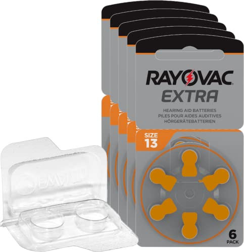 30x Rayovac Extra Advanced 13 Hörgerätebatterien 5x6er Blister PR48 Orange 24606 + Aufbewahrungsbox für 2 Hörgerätebatterien (10, 13, 312, 675), Batteriebox für 2 Knopfzellen bis 12 mm x 6 mm (Ø x H)