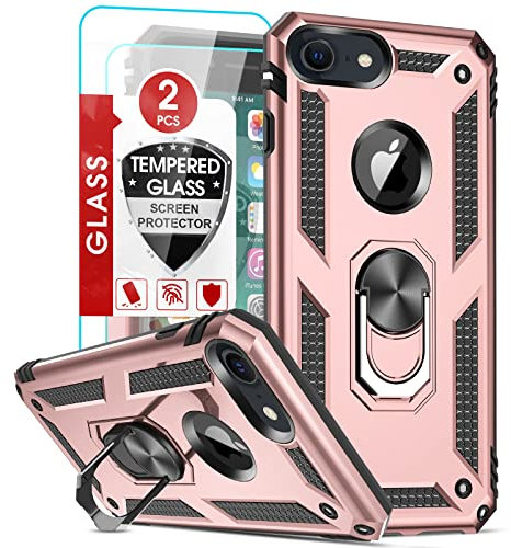 LeYi Cover per iPhone SE3 2022/8/7/SE 2020/6/6s con 2 vetro temperato, anello di supporto militare anti-caduta rinforzato, antiurto, in TPU morbida e PC rigido, protezione custodia oro rosa