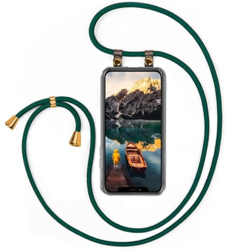 moex Handykette für iPhone X/iPhone XS Hülle mit Band abnehmbar, Handyhülle mit Kette zum Umhängen, Handyband 155 cm lang Stoff Kordel Umhängehülle, Handy Umhängeband, Grün