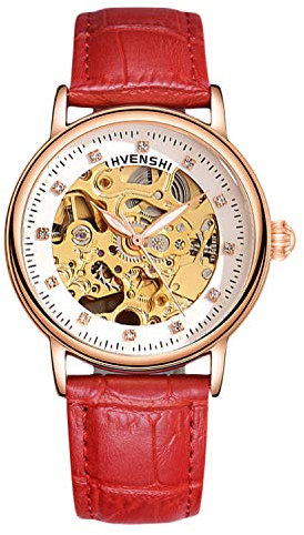 rorios Armbanduhren Damen Automatische Mechanische Uhren Skelett Leuchtend Lederband Damenuhren