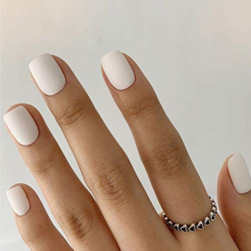 Sethexy 24Pcs Blanc Clous à presser Mat Court Carré Faux ongles Mariage Faux ongles Réutilisable Acrylique Faux ongles à coller pour femmes et filles
