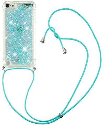 COTDINFOR Kompatibel mit iPod Touch 7 Hülle mit Handykette Flüssigkeit Glitzer Protective Sparkle Floating Bling Silikon Lanyard Handyhüllen für iPod Touch 5/6 / 7 TPU Star Green YB.