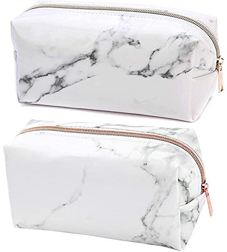 2 Stück Make Up Tasche aus Marmor, Federmäppchen, Tragbare PU Make-Up-Organizer-Tasche mit Reißverschluss, für Frauen, Mädchen, Reisen (2 Arten), Weiß Marmorstreifen