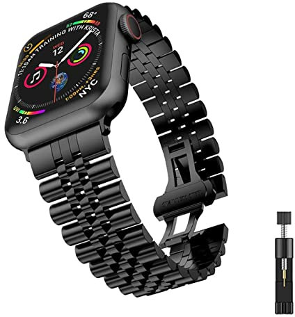 oth Jubilee Metal Strap (Black) Compatible with Apple Watch Series 7/SE/6/5/4/3/2/1 41mm 45mm 38mm 40mm 42mm 44mm, Luxury Formal Stainless Steel Adjustable Replacement band For iWatch, 38/40/41