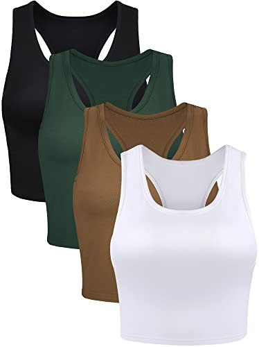 BOAO Lot de 4 débardeurs Courts Basiques sans Manches Dos Nageur pour Femme, Vert foncé, Noir, Blanc, Chocolat, Taille S