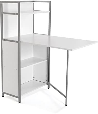 Versa Blumenau Mesa de Comedor con Estantería para Cocina, Terraza, Jardín o Comedor, Encimera Plegable, Medidas (Al x L x An) 120 x 30 x 62 cm, Madera, PVC y Metal, Color Blanco