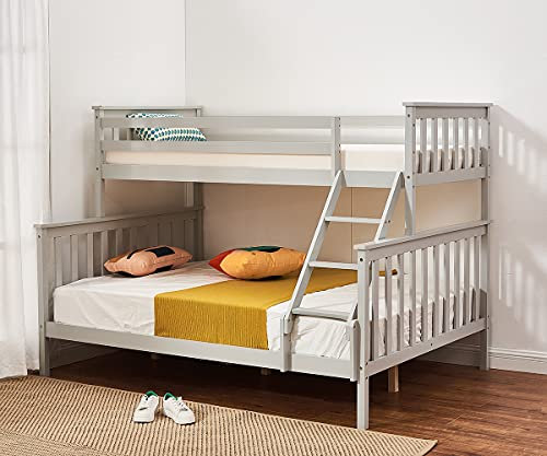 Panana Twin Bunk Bed with Ladder, 3FT Single Bed and 4FT6 Double Bed Solid Wooden Triple Bed,12 Type, Grey
