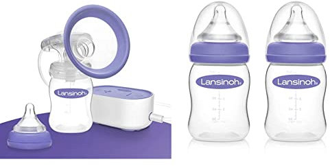 Lansinoh Elektrische Milchpumpe Kompakt - besonders klein & leise - ideal zum abpumpen für zu Hause und unterwegs & Babyflasche mit NaturalWave Sauger Gr. S, 2 x 160 ml, Doppelpack