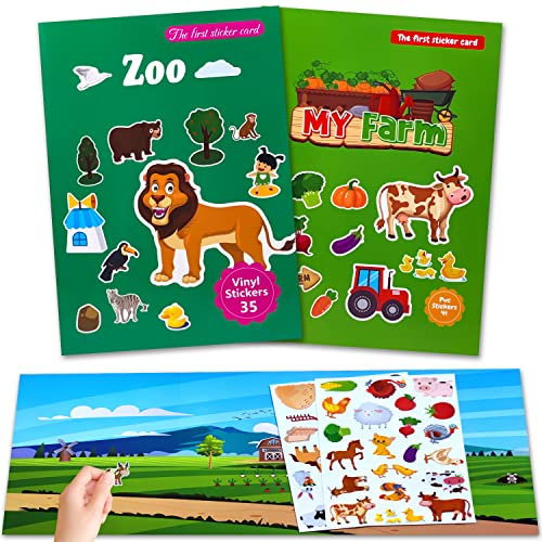 Wiederverwendbare Sticker Kinder 2 Pack Sticker Kinder Zoos und Farm der Tiere, Stickerbuch ab 2 Jahre, Sticker Set mit Kreative Spiel Szene und Aufkleber Illustrationen, Stickerheft für Junge Mädchen