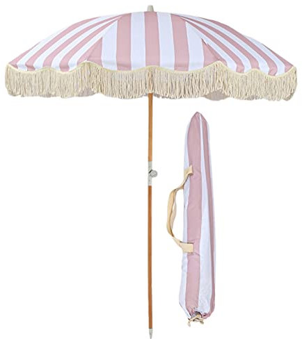 YFZNWHX Sombrilla De Jardín Inclinable, Elegante Sombrilla A Rayas Rosas Y Blancas, Sombrilla De Playa Vintage, Mástil De Madera, Sombrilla Redonda con Borla Decorada, 2M