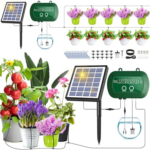 Riego Por Goteo Automático Energía Solar, 2024 Sistema de Riego Solar para Jardín con 12 Modos de Riego & 15 Cabezales de Goteo para Plantas en Macetas de Jardín al Aire Libre e Interior, Verduras