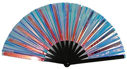 Holographic Rave Fan - Pride-Fan and Festival Fan - Large Folding Fan for Festivals, Halloween, Burlesque, Drag Queen, Rainbow & Prides Hand Held Fan for Women & Rave Accessories - Clack Fan Hand Fan