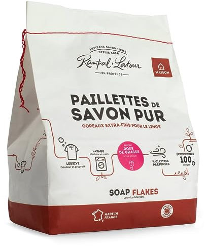 Rampal Latour - Paillettes de Savon Pur - Parfum Rose de Grasse - Copeaux Extra-fins pour le linge - Lavage en machine ou à la main - Toutes températures et tissus - Jusqu'à 100 lavages - 1.5Kg