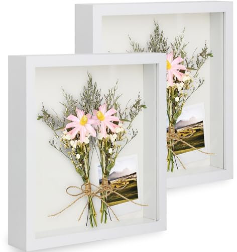 Anhow 2er 3D Bilderrahmen zum Befüllen,3D Bilderrahmen Tiefer Objektrahmen 28 x 35 cm mit Transparente Echtglas für Tischplatte und Wand - Weiß/ 3cm