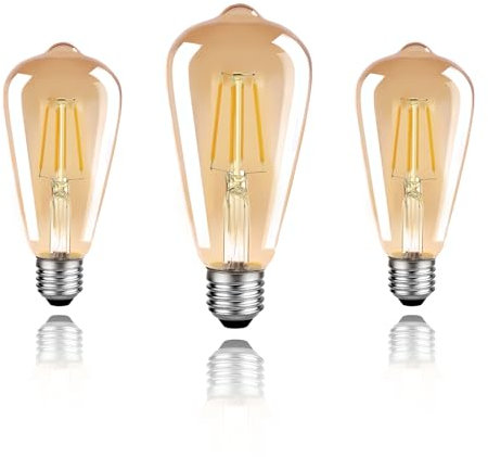 Wenscha E27 ST64 Vintage LED Glühbirne 3er-Set – 6W Warmweiß 2700K mit Teilton-Glas & Nickelfassung, Retro-Filamentoptik im Edison-Style für Kronleuchter, Restaurants und Industriedeko