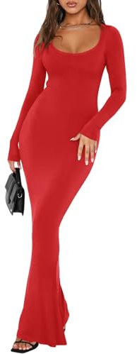 REORIA Womens Sexy Casual Square Neck Long Sleeve Soft Lounge Long Dress Fall Wedding Guest Formal Ribbed Bodycon Maxi Plus Size Dresses Red X-Large