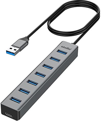 Atolla 7 Ports Hub USB 3.0 en Aluminium - Adaptateur Multiprise USB 3.0 5Gbps avec Câble de 100cm, 5V/3A Type-C pour PC, Ordinateur Portable, MacBook, Souris, Clavier, Disque Dur, etc.