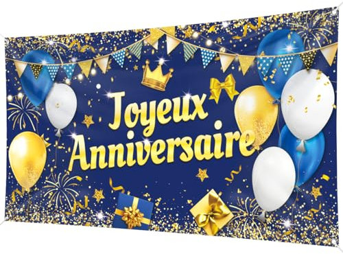 Bannière Joyeux Anniversaire Bleu Or 200 x 110cm, Grande Toile de Fond Joyeux Anniversaire, Banderole Joyeux Anniversaire Garcon pour Fête d'Anniversaire