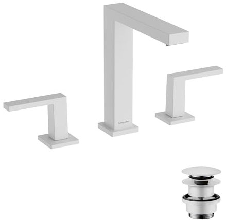 hansgrohe Tecturis E - 2-Loch Waschtischarmatur mit Push-Open Ablauf, Wasserhahn Bad mit Auslauf Höhe 173 mm, Mischbatterie Waschbecken wassersparend (EcoSmart+), Mattweiß, 73030700